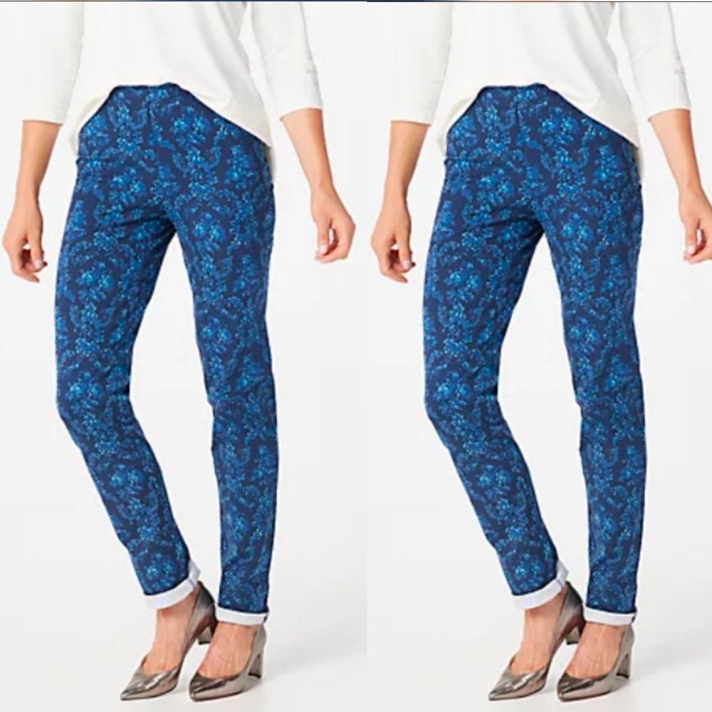 🔥 (5for$35) Isaac Mizrahi Live 24/7 Stretch Damask Printed Pants Size 8 Tall